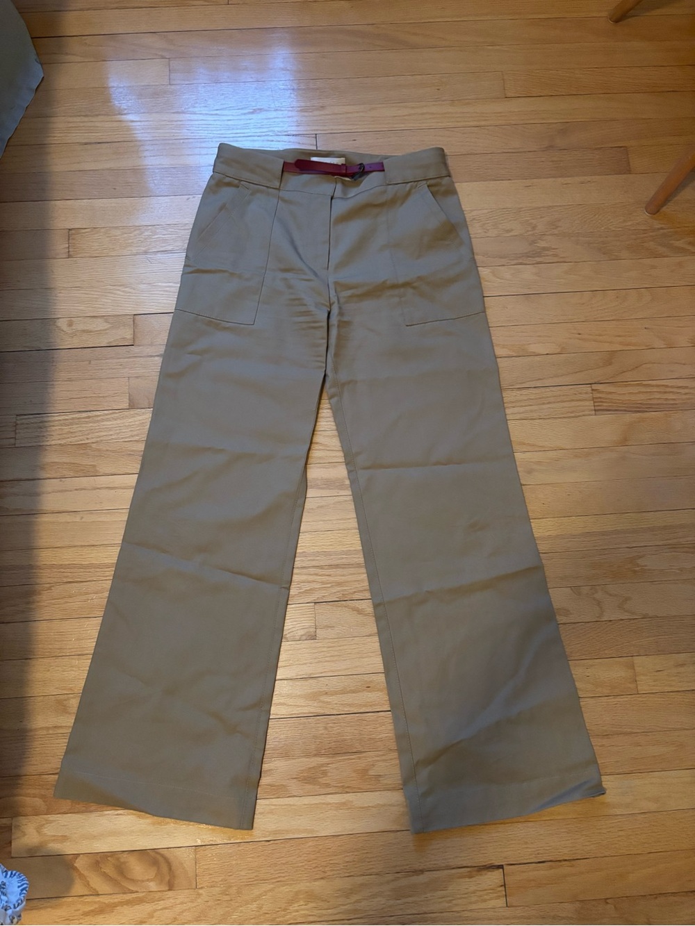 Sandro Tan Boot-Cut Wide-Leg Pants with Red Accent Belt